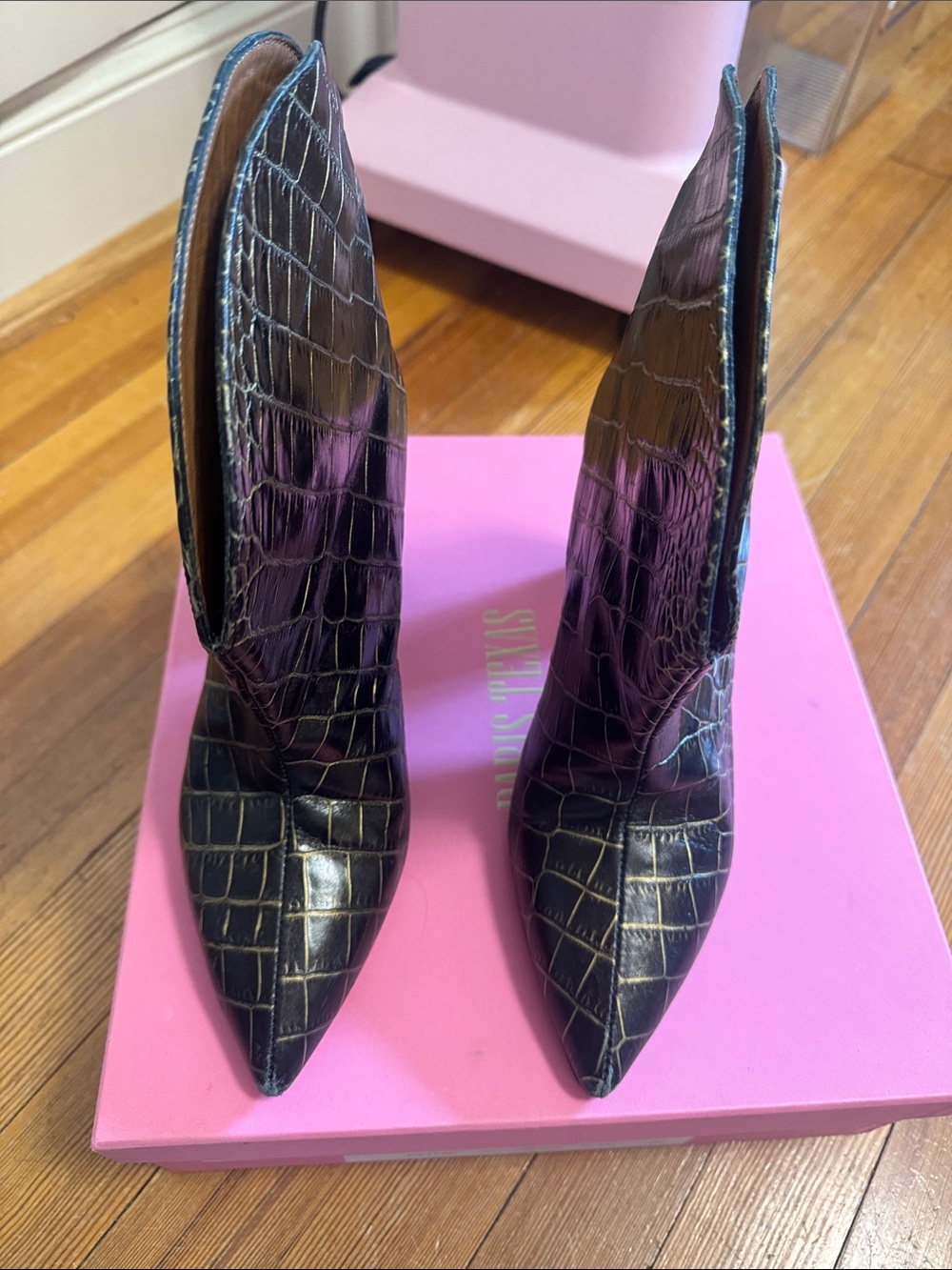 Paris Texas Pointed Toe Black Croc-Embossed Women’s Ankle Boots